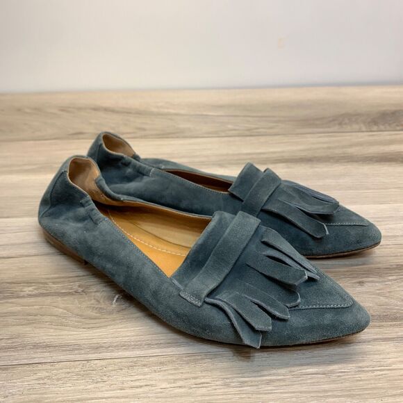 Pomme D'Or Italy Blue Suede Leather Pointed Toe Flats Womens Size 37 US 6 Kiltie - Picture 1 of 10